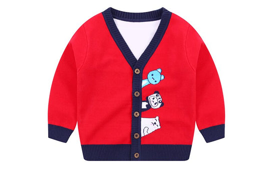 New Toddler Boy Cartoon Animals Knitted Cardigan - Red, Navy Blue, Yellow