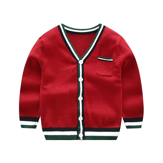 Spring Boys Single Breasted V-Neck Knitted Cardigan - Yellow, Red, Army Green, Blue.