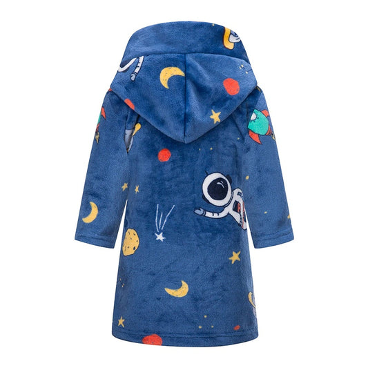 Kids Hooded Soft Flannel Bathrobe - Navy Blue.