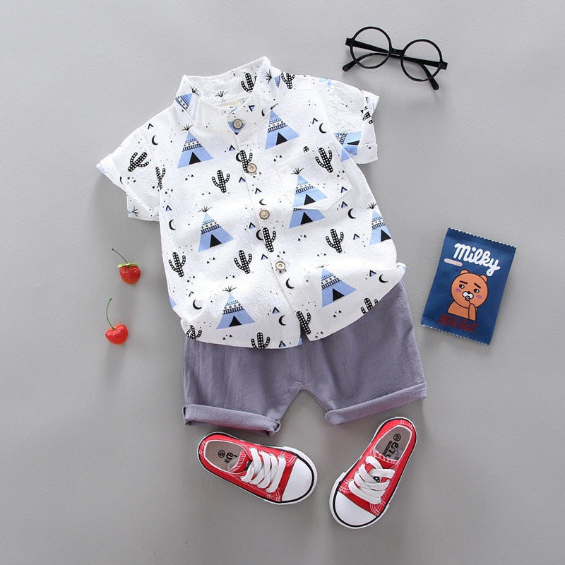 2pcs Baby Boys Cotton Summer Clothing Set of Shirt & Shorts - Blue, White, Green.