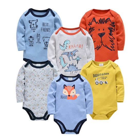 6 pcs/pack Baby Boys Long Sleeve Cartoon Print Cotton Bodysuits - Yellow, White, Blue, Navy Blue.