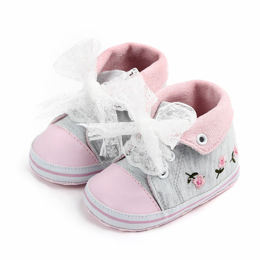 Lace Soft Shoes with Non-Slip Soles and Floral Embroidery for Baby Girls