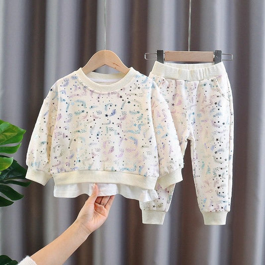 Girls Cotton Blend Outfit - Beige, Blue, Pink.