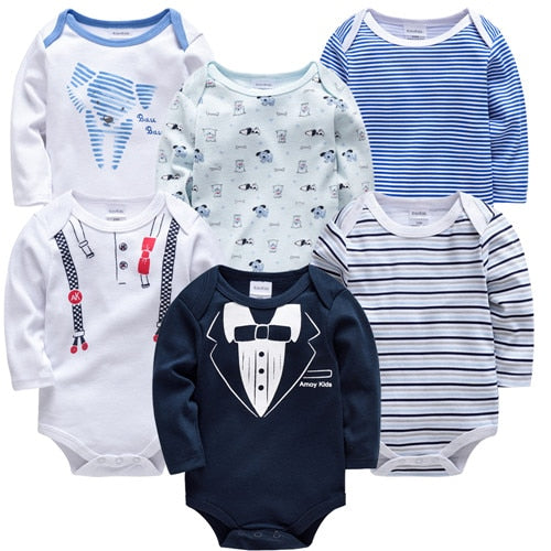 6 pcs/pack Baby Boys Long Sleeve Cartoon Print Cotton Bodysuits - Navy, White, Orange, Blue.