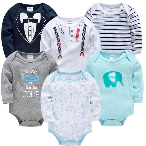 6 pcs/pack Baby Boys Long Sleeve Cartoon Print Cotton Bodysuits - Grey, Orange, Navy, White, Blue, Green.