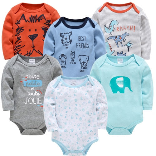 6 pcs/pack Baby Boys Long Sleeve Cartoon Print Cotton Bodysuits - Grey, Orange, Navy, White, Blue, Green.