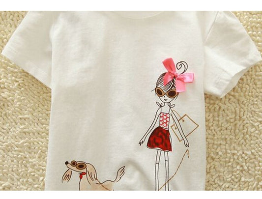 Baby Girls Cute Cartoon 'Baby Girl And Dog' Creative Cotton T-shirt - White, Blue, Apple.