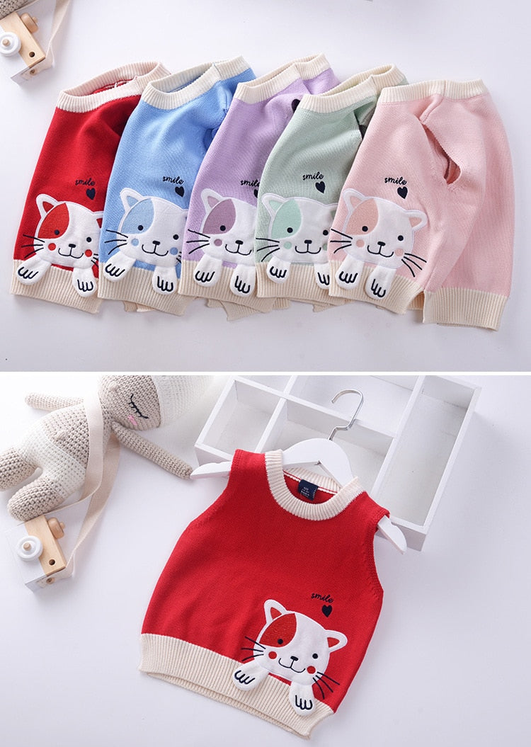 Girls Cartoon Embroidered Cat Knitted Vest - Blue, Green, Lavender.