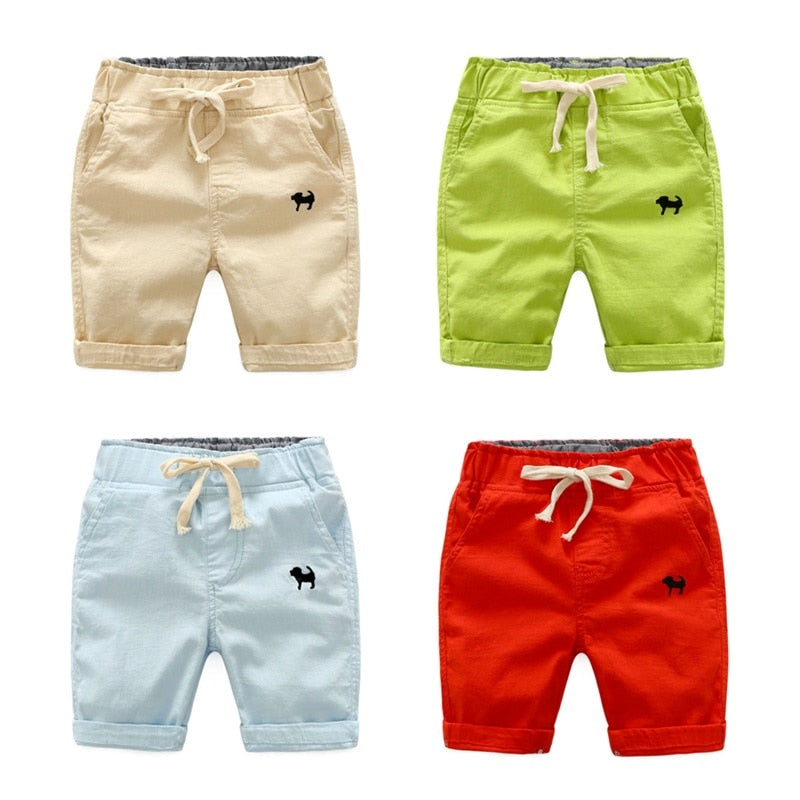 2022 Summer Boys Solid Colour Elastic Waist Knee Length Linen Shorts - Blue, Gree, Khaki, Red, White.
