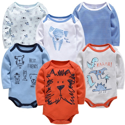 6 pcs/pack Baby Boys Long Sleeve Cartoon Print Cotton Bodysuits - Navy, White, Orange, Blue.