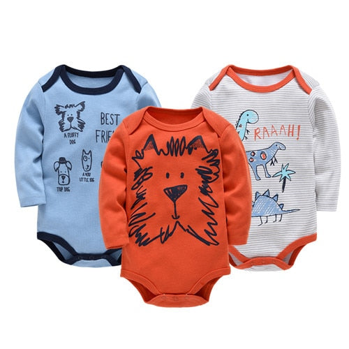 3 pcs/pack Baby Girls Boys Long Sleeve Cartoon Print Cotton Bodysuits - Blue, Navy, White, Pink, Orange.