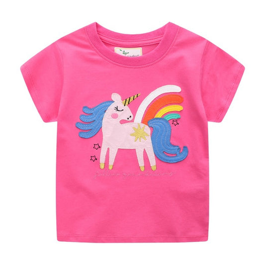 Girls Summer Short Sleeve Cotton T-shirt with Animals Embroidery - Bright Pink, Striped Yellow.