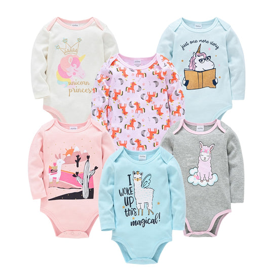 6 pcs/pack Baby Girls Long Sleeve Cartoon Print Cotton Bodysuits - White, Blue, Grey, Hot Pink.