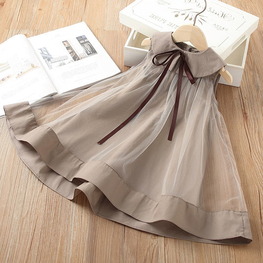 2022 Summer Girls Veil Mesh Peter Pan Collar Sleeveless Dress - Beige.