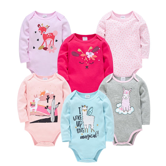 6 pcs/pack Baby Girls Long Sleeve Cartoon Print Cotton Bodysuits - Yellow, White, Pink, Grey.