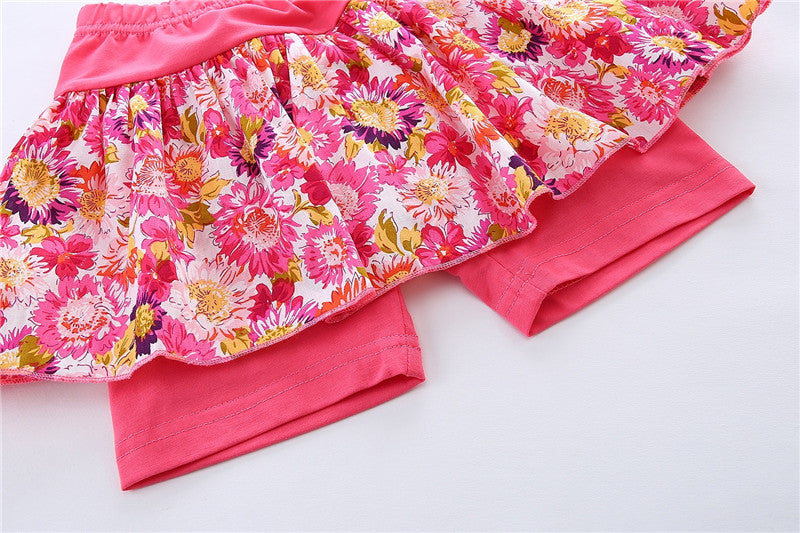 Floral Summer Girls Backless Cold Shoulder Outfit of Top and Skirted Short - Green, White