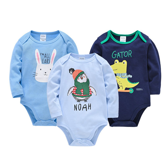 3 pcs/pack Baby Girls Boys Long Sleeve Cartoon Print Cotton Bodysuits - Blue, Navy, White, Pink, Orange.