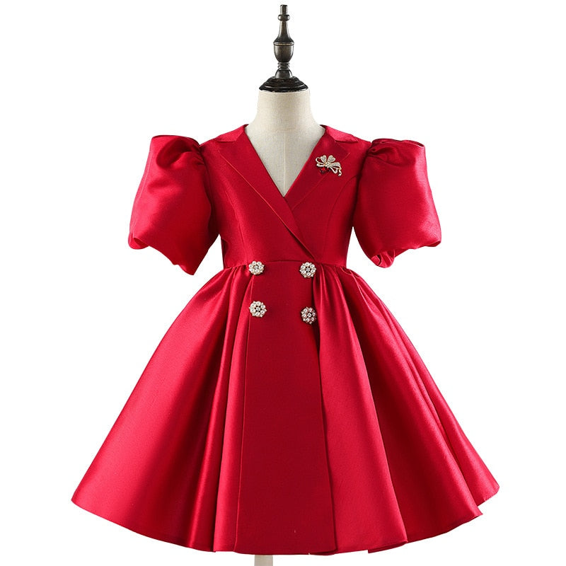 Girls Elegant Vintage Ball Princess Tulle Dress - Red.