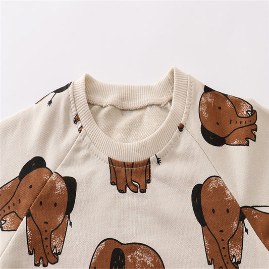 Children's Cartoon Elephant Print Long Sleeve Cotton Sweatshirts - Beige.