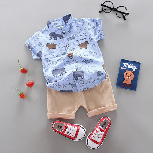 2pcs Baby Boys Cotton Summer Clothing Set of Shirt & Shorts - White, Blue, Black.
