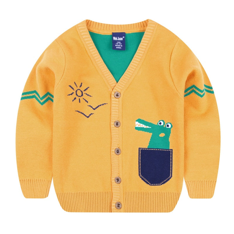 Boys Cartoon Crocodile Cotton Knit Cardigan - Red, Navy Blue, Light Grey, Citric Green, Yellow
