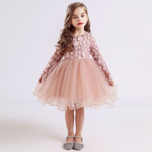 Girl's Long Sleeve Lace Princess Tutu Dress - Pink, Grey