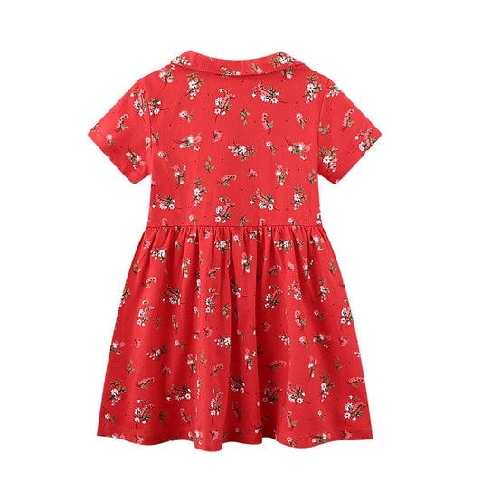 Summer Baby Girls Flower Print Casual Cotton Dress - Red.