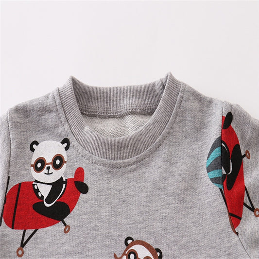 Kids Long Sleeve Cartoon Panda Print Cotton Sweatshirt - Grey