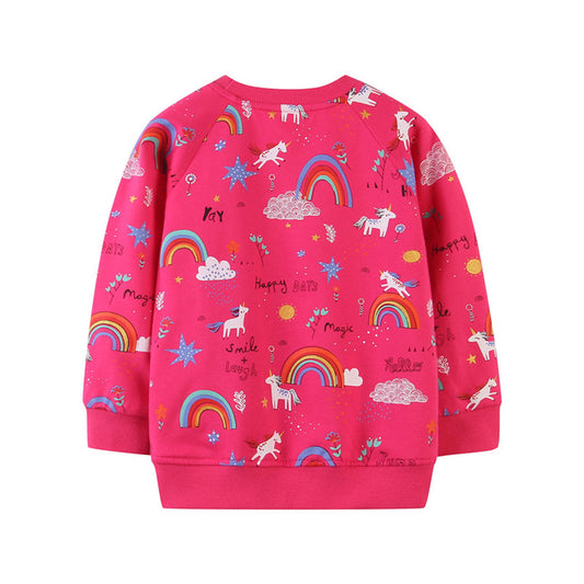 Girls Unicorn Rainbow Print Cotton Sweatshirt - Fuchsia