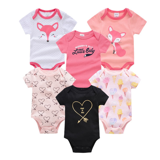 6 pcs/pack Baby Girls Short Sleeve Cartoon Print Cotton Bodysuits - Black, White, Pink, Green
