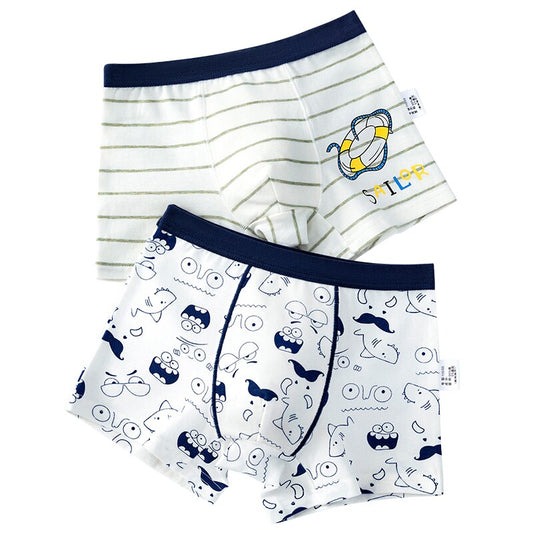 2 pcs/pack Boys 100% Cotton Boxers - Navy Blue, White, Yellow, Blue.