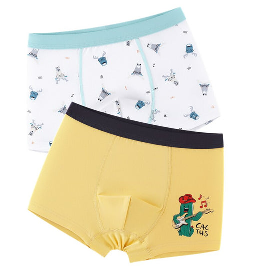 2 pcs/pack Boys 100% Cotton Boxers - Navy Blue, White, Yellow, Blue.