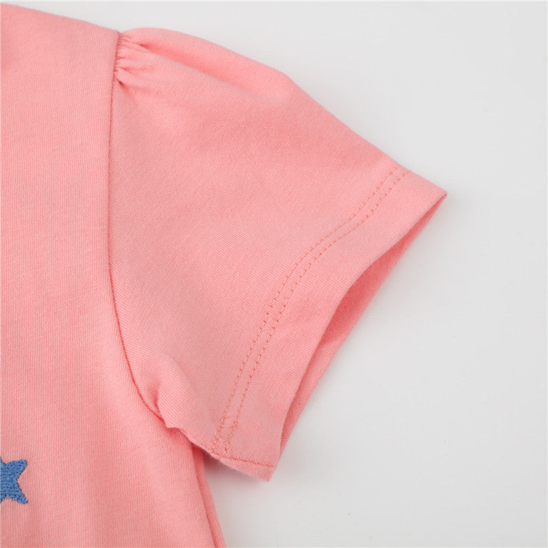 Girls Summer Short Sleeve Cotton T-shirt with Animals Embroidery - Pink.