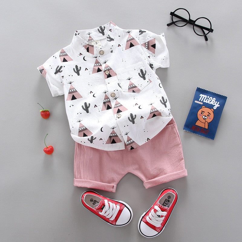 2pcs Baby Boys Cotton Summer Clothing Set of Shirt & Shorts - White, Grey, Pink.
