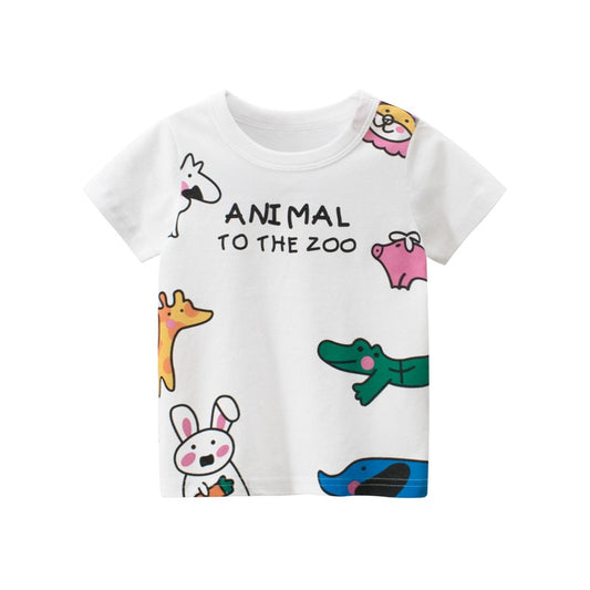 Kids Cartoon Animals Short Sleeve Cotton T-shirt - Yellow, White.