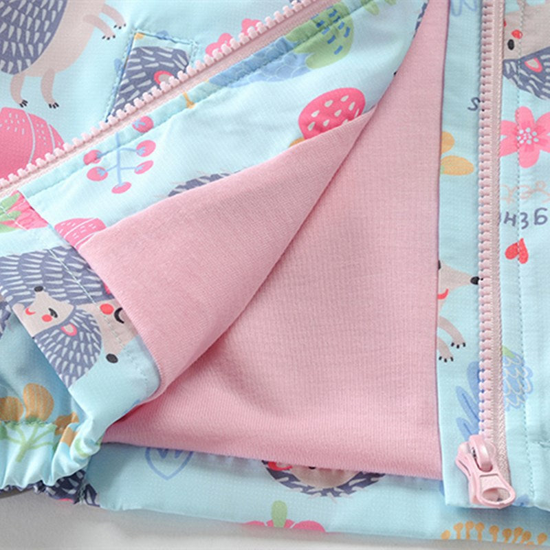 Girls Cartoon Hedgehog Pattern Double Layer Breathable Cotton Lining Jacket - Blue.