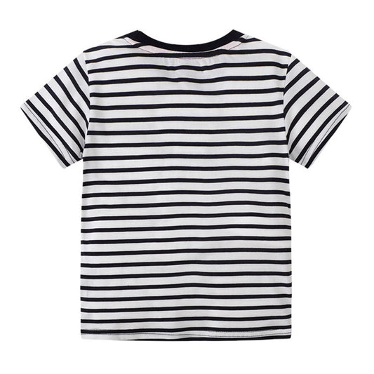 Summer Boys Elephant Print Striped Cotton T-shirt - White, Black.