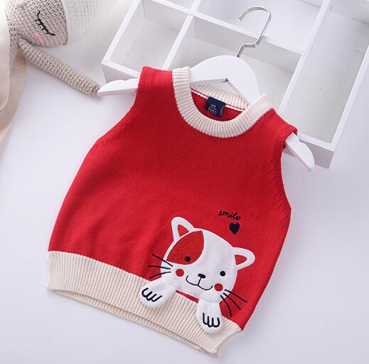 Girls Cartoon Embroidered Cat Knitted Vest - Pink, Red.
