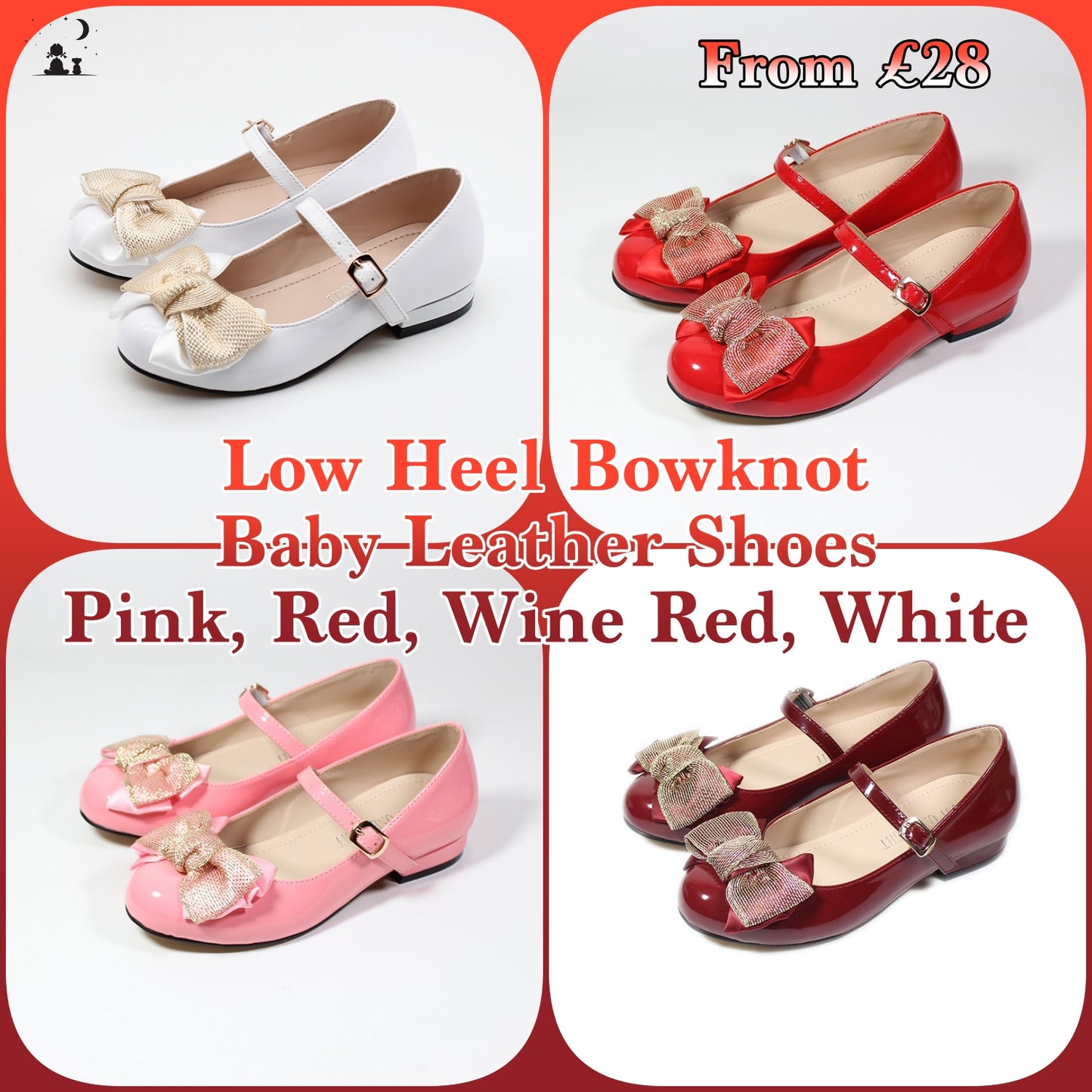 Low Heel Bowknot Girls Patent Leather Shoes - Pink, Red, Black, Wine Red, White.