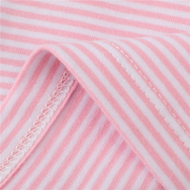 Girls Summer Short Sleeve Cotton T-shirt with Mouse & Flowers Print - Striped Pink.