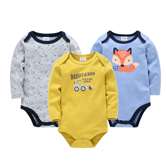 3 pcs/pack Baby Girls Boys Long Sleeve Cartoon Print Cotton Bodysuits - Blue, White, Pink, Yellow, Grey.