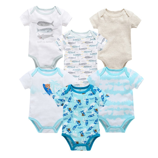 6 pcs/pack Baby Boys Summer Short Sleeve Cartoon Print Cotton Bodysuits - Yellow, White, Blue, Green.