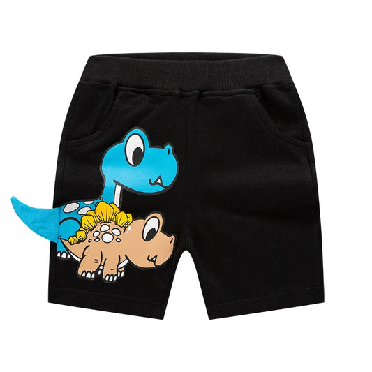 2022 Summer Boys Cartoon Dinosaur Embroidery Shorts - Blue, Black, Grey, Yellow.