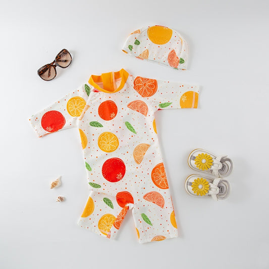 Kids Animal Print UV Protection Long Sleeve Beachwear Swimwear Set - Orange, White, Pink