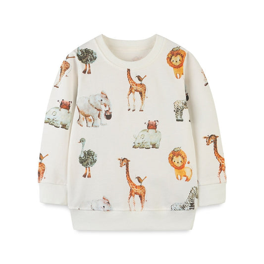 Children's Cartoon Animals Print Long Sleeve Cotton Sweatshirt - Yellow, White, Brown