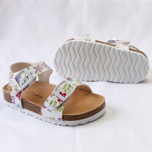Girls' Summer Floral Print Cork Outsole Faux Leather Sandals - White, Beige.