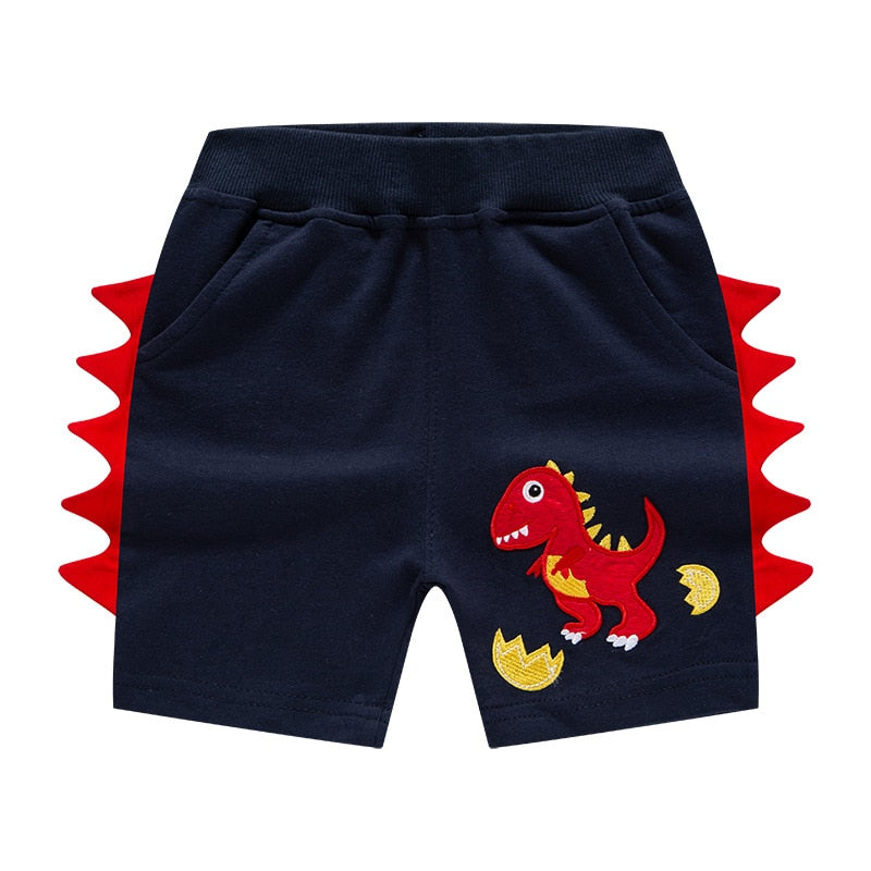 2022 Summer Boys Cartoon Dinosaur Embroidery Shorts - Blue, Grey, Black, Beige.