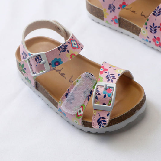 Girls' Summer Floral Print Cork Outsole Faux Leather Sandals - Pink, Lavender.
