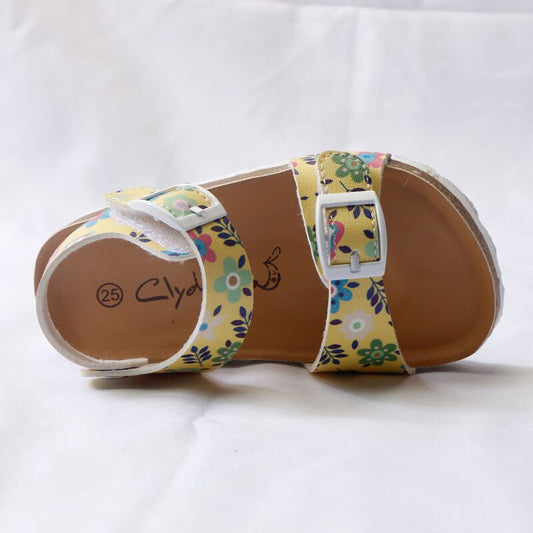 Girls' Summer Floral Print Cork Outsole Faux Leather Sandals - Yellow, Fluorescent Yellow.