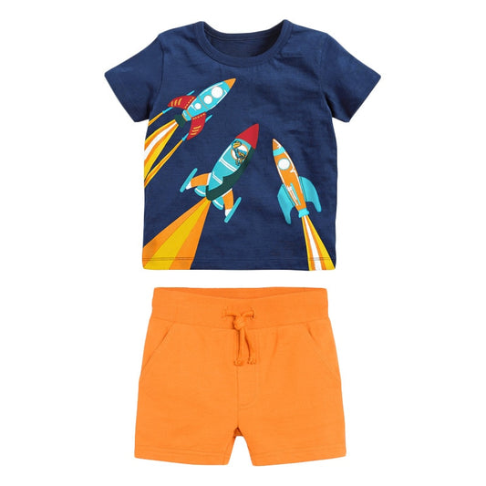 Conjunto de algodón de verano suave y cómodo con estampado de dibujos animados para niños: azul, naranja, gris, azul marino, amarillo